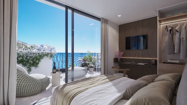 Hochwertige 3d visualisierung des Projekts Blue Elements: Luxuriöses Schlafzimmer mit Blick auf das blaue Meer, elegante Holzwand, gemütliches Bett und direkter Zugang zum Balkon mit modernen Outdoor-Möbeln und mediterraner Kulisse.