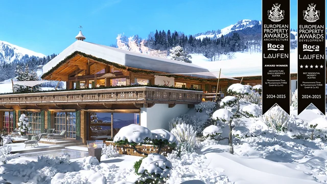 3D-Visualisierung eines traditionellen Chalets in Kitzbühel, umgeben von verschneiten Alpen, mit Holzfassade und festlicher Beleuchtung – erstellt von gmsvision. Gewinner der European Property Awards 2024–2025 für Architektur und Wohnimmobilien in Österreich.