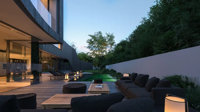 Architekturvisualisierung Gartenstraße – moderne Stadtvilla mit markanter Fassade, bodentiefen Fenstern und grünem Gartenbereich.