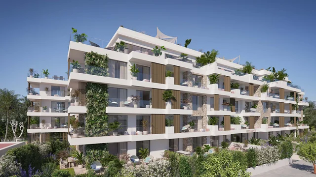 Moderne Wohnanlage mit begrünten Balkonen und Natursteinfassade, detailreiche 3d visualisierung von gmsvision