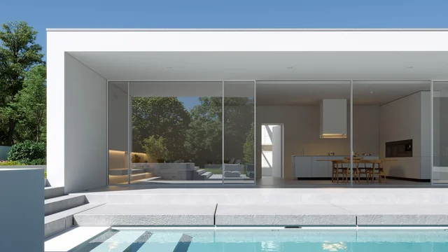 Moderne architekturvisualisierung eines minimalistischen Designhauses in Düsseldorf mit Pool, offener Terrasse und großen Glasfronten, erstellt von gmsvision.